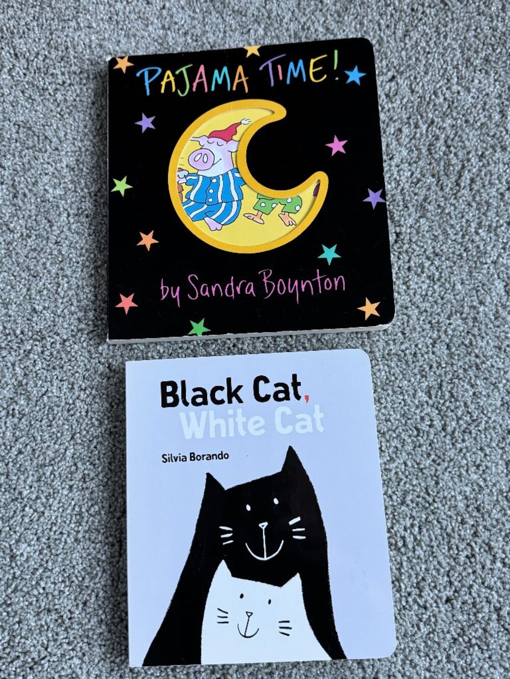 2 Board books for preschoolers - "Pajama Time" & "Black Cat White Cat" for 6m-5y